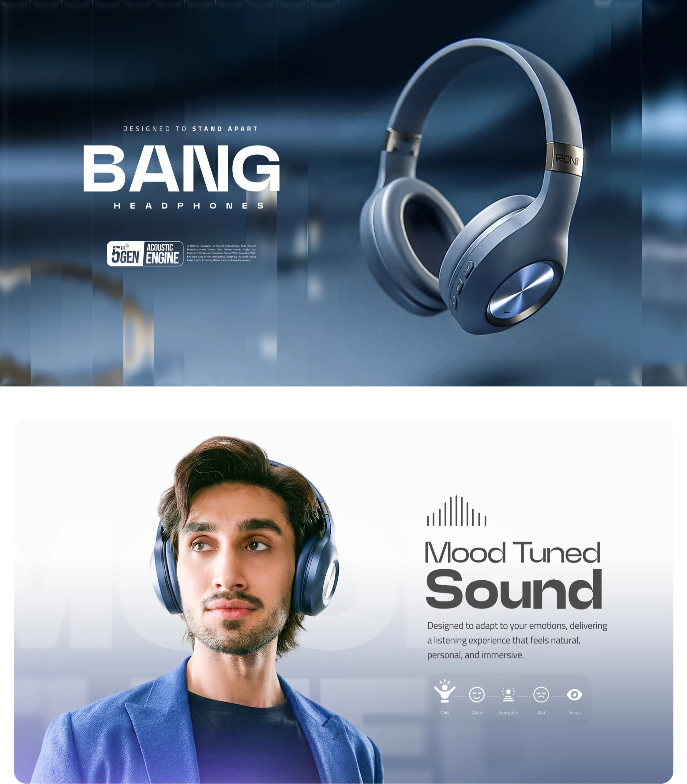 Ronin Bang R-1500 wireless headphones in black and blue available on FlexyBay