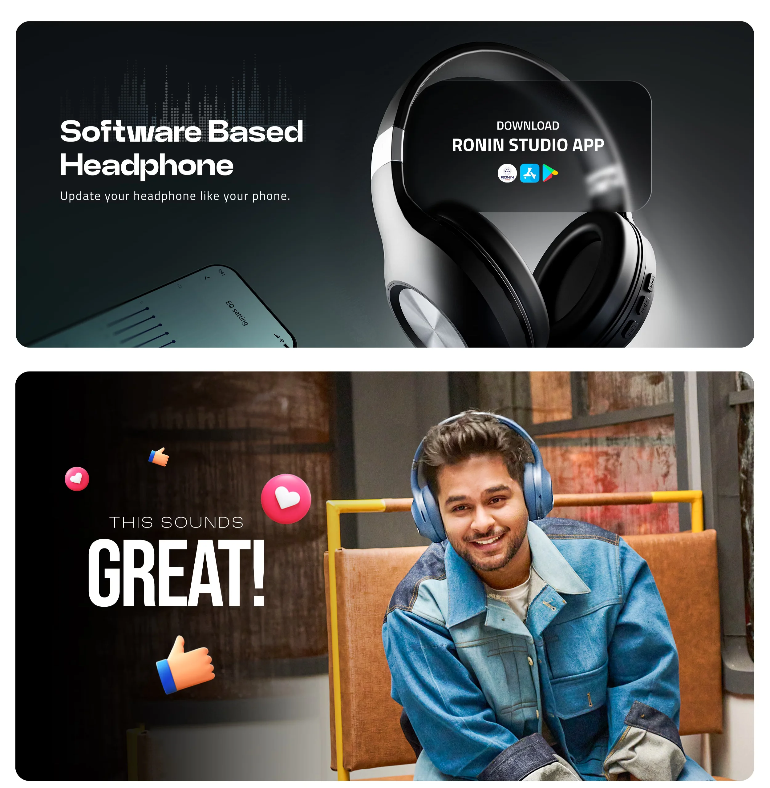 Ronin Bang R-1500 wireless headphones in black and blue available on FlexyBay