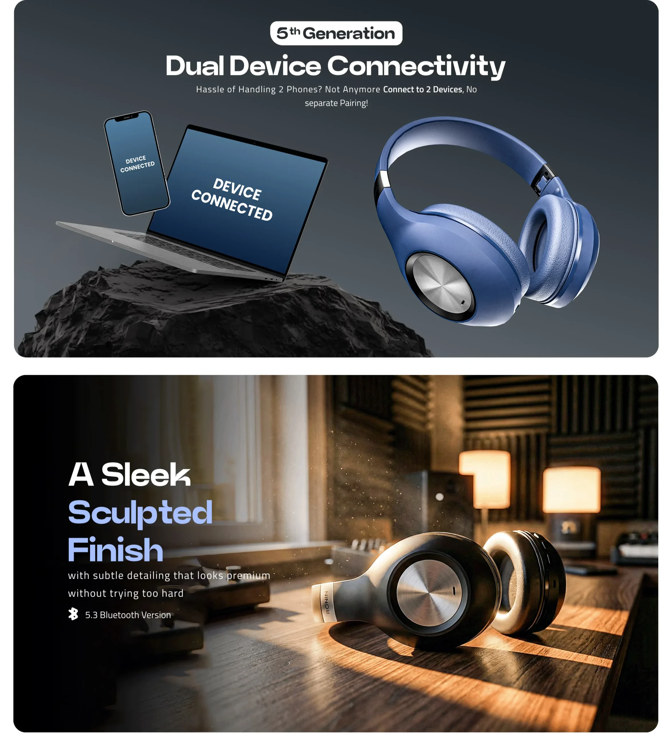 Ronin Bang R-1500 wireless headphones in black and blue available on FlexyBay