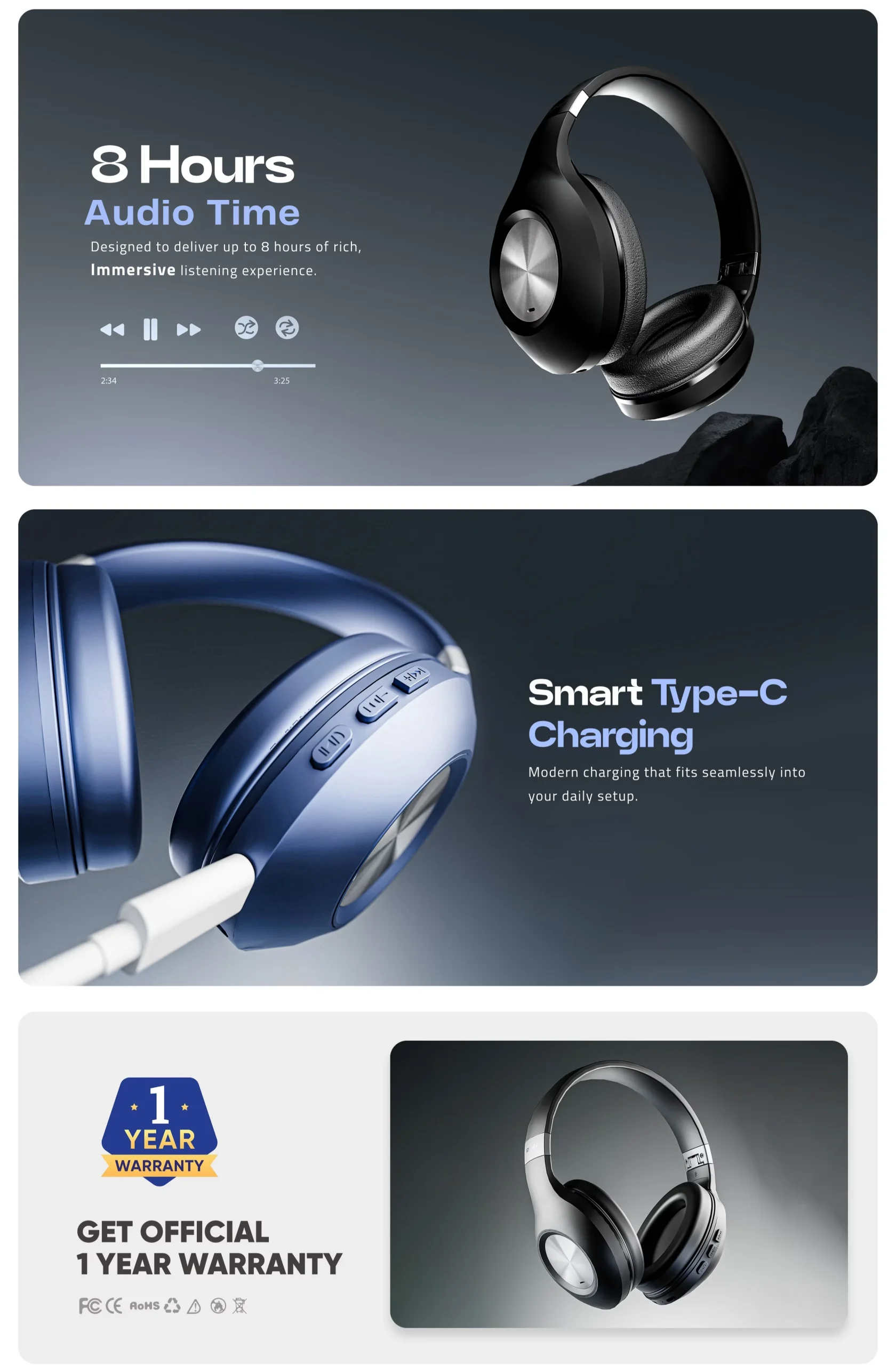 Ronin Bang R-1500 wireless headphones in black and blue available on FlexyBay