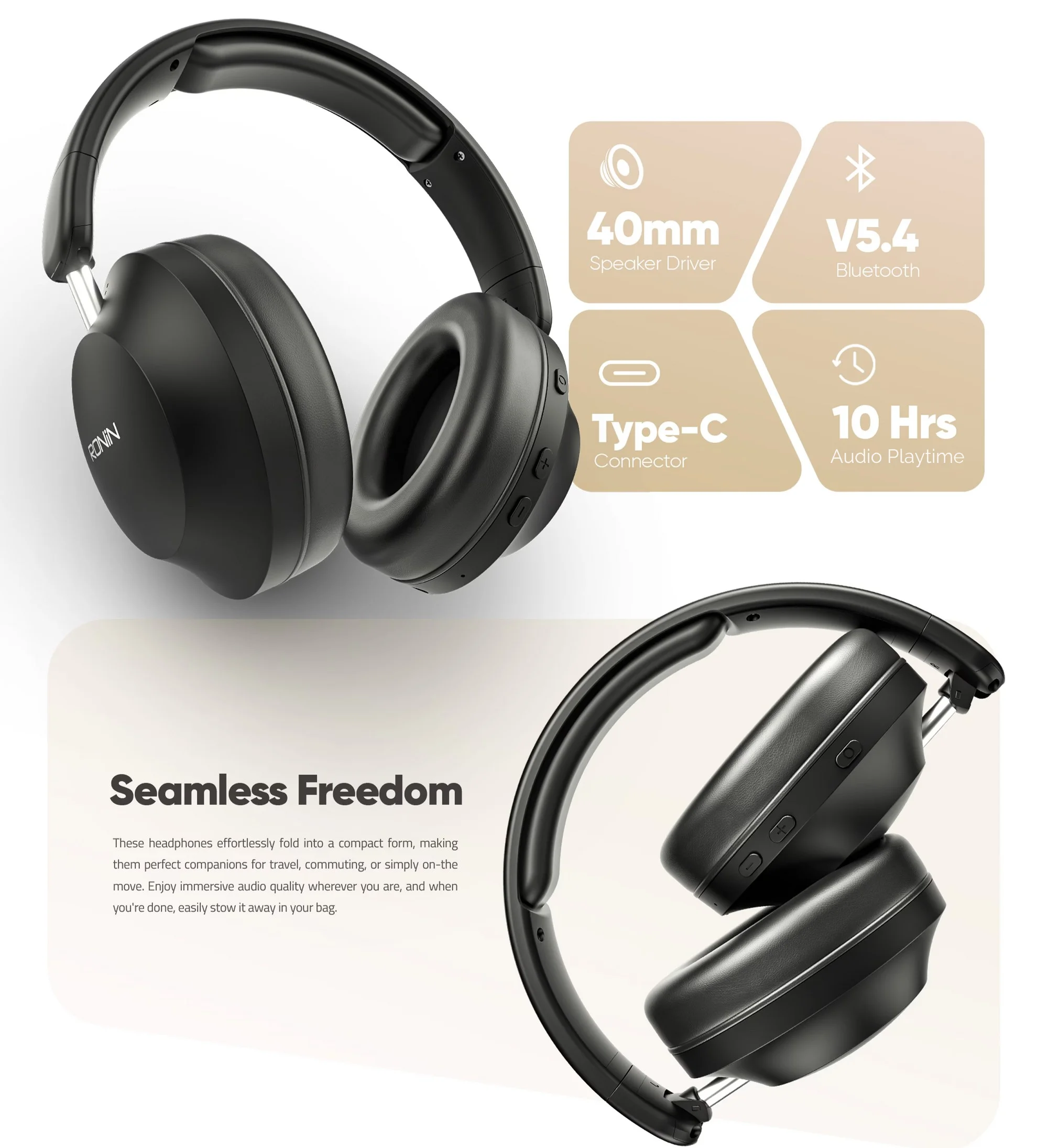 Ronin Magnitude R-1505 wireless headphones in beige and black available on FlexyBay