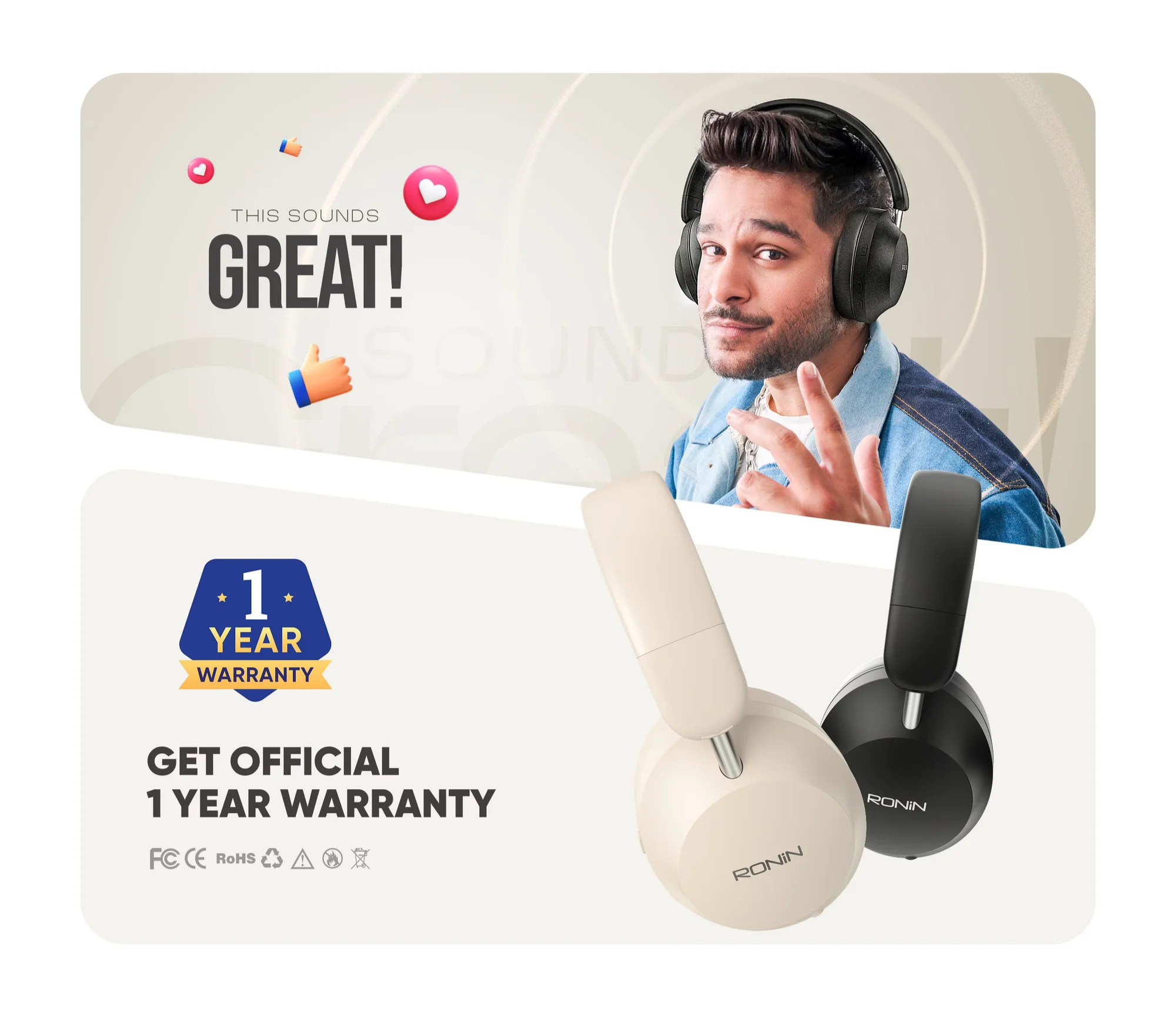 Ronin Magnitude R-1505 wireless headphones in beige and black available on FlexyBay