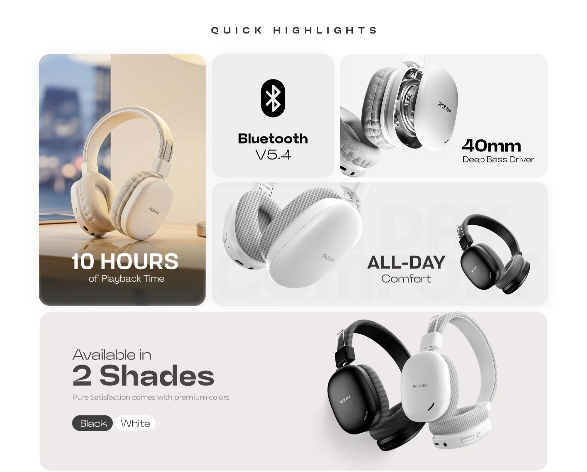 Ronin Momentum R-1510 wireless headphones in black and white available on FlexyBay