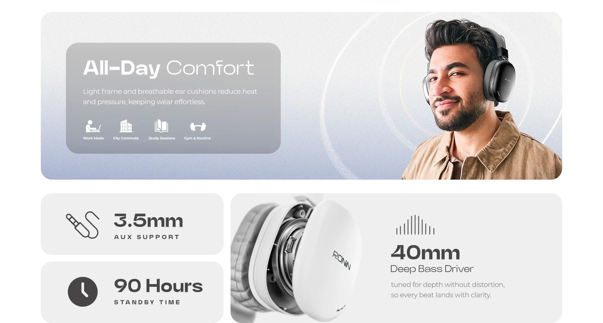 Ronin Momentum R-1510 wireless headphones in black and white available on FlexyBay