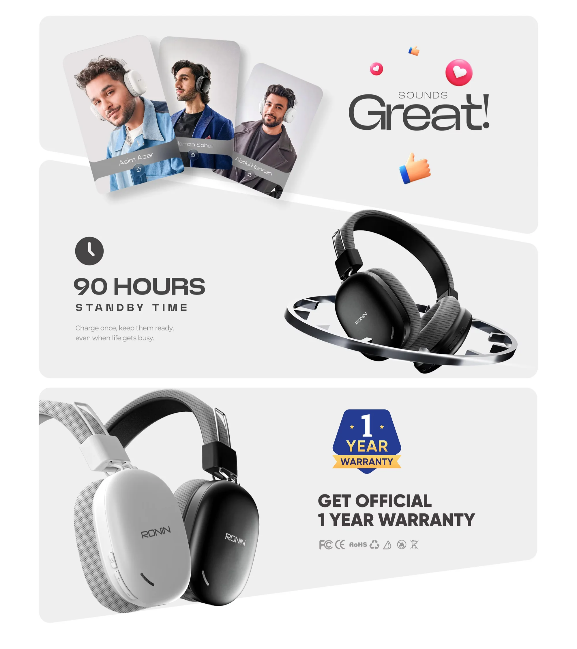 Ronin Momentum R-1510 wireless headphones in black and white available on FlexyBay