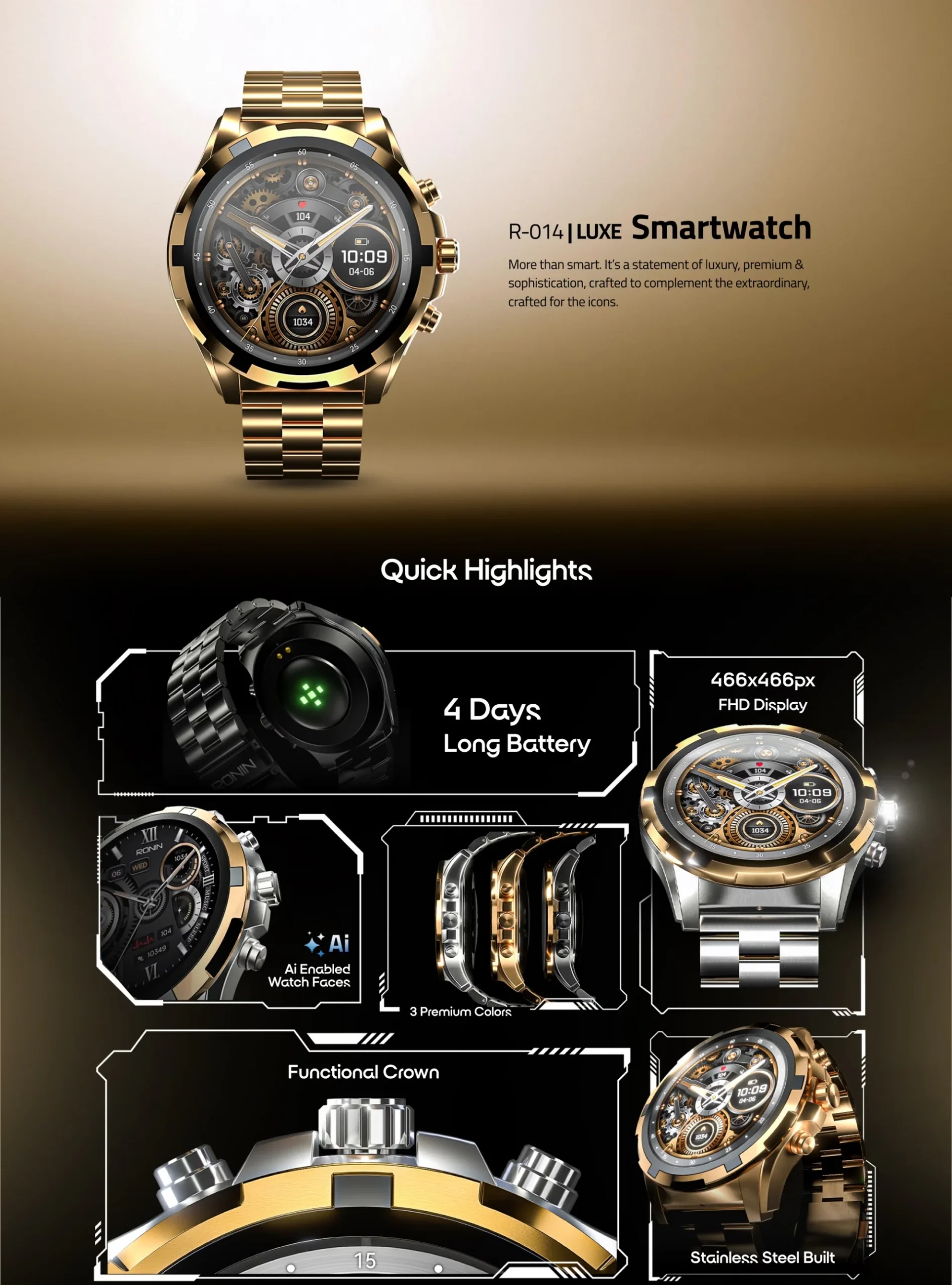 Ronin R-014 Luxe Smart Watch with AMOLED display available on FlexyBay