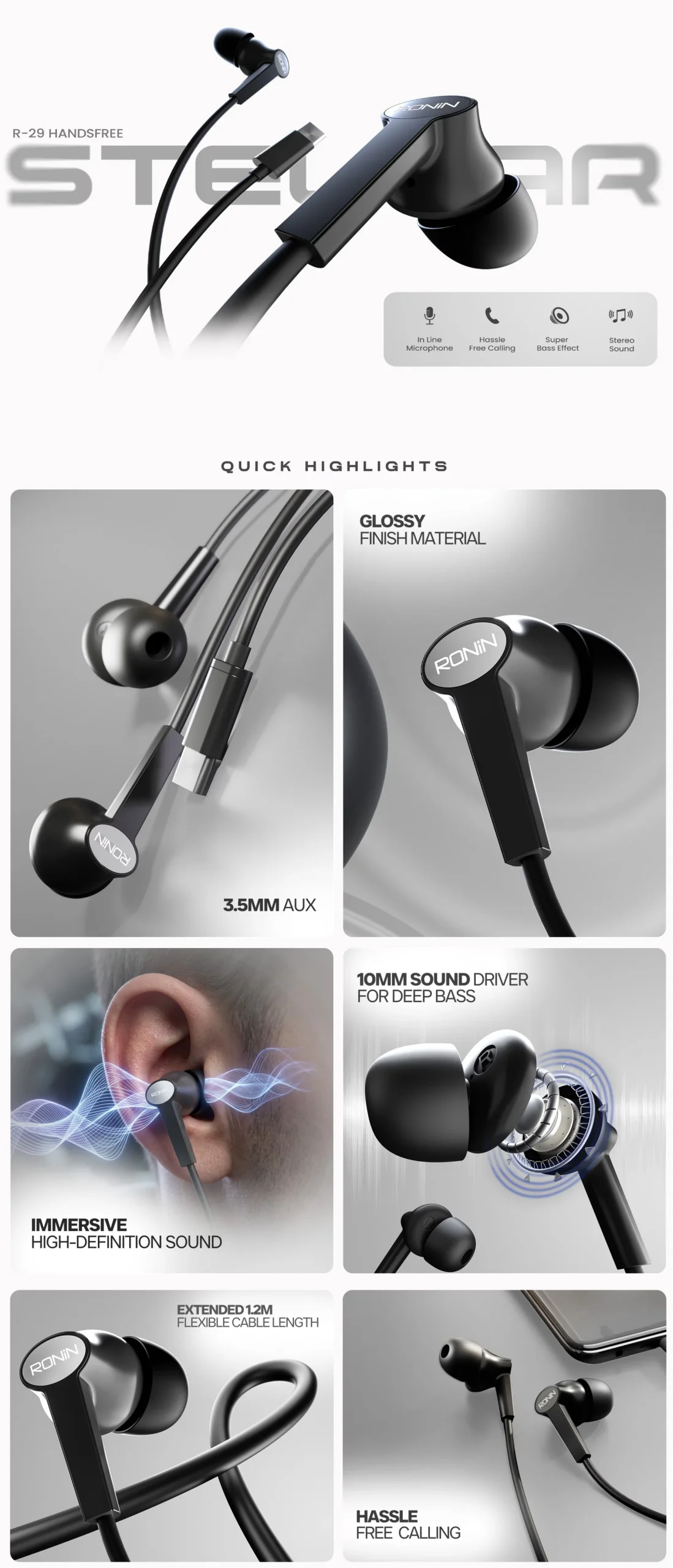 Ronin Stellar R-29 handsfree with 3.5mm and Type-C options available on FlexyBay