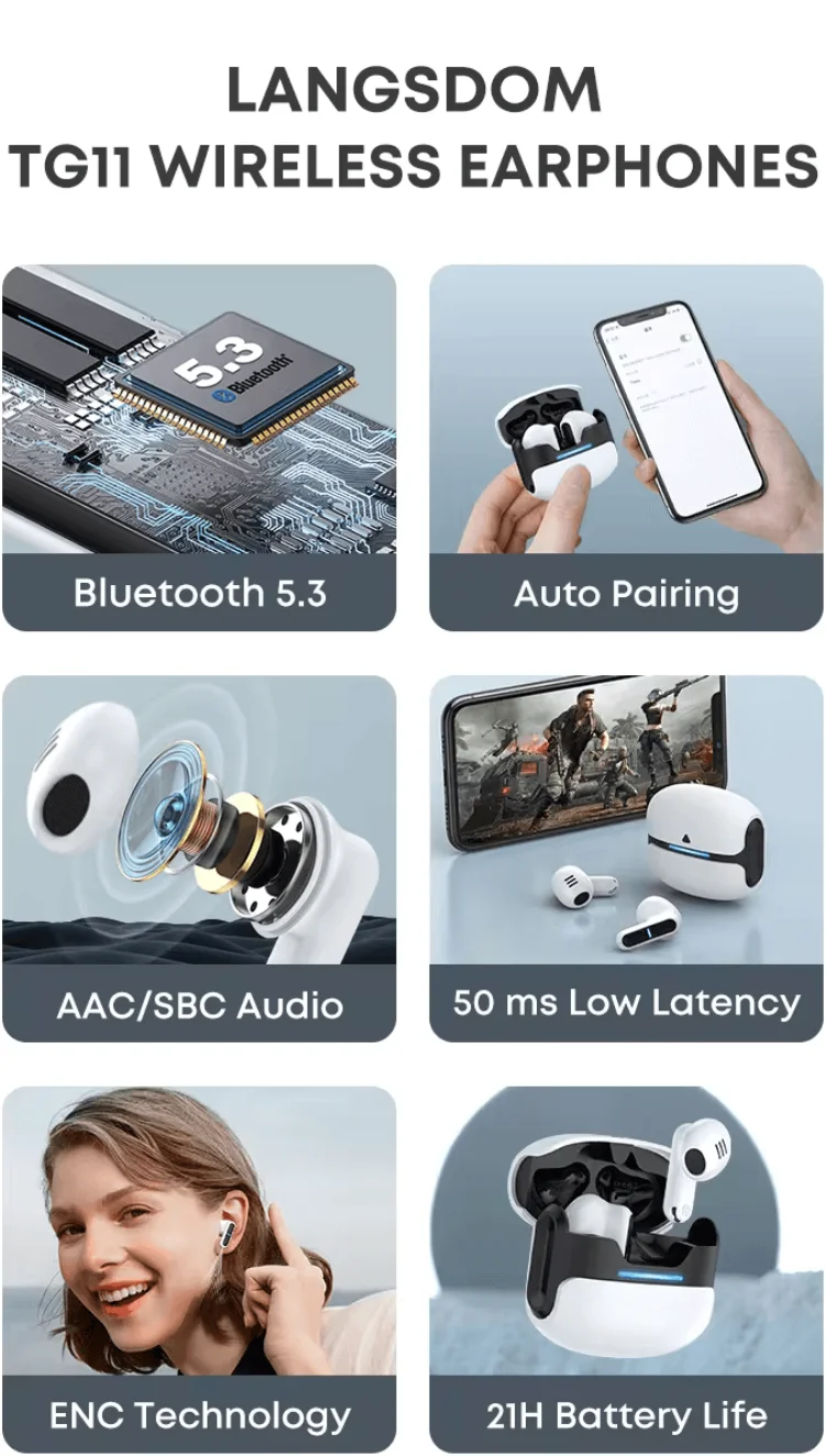 Langsdom TG11 Theta TWS wireless earbuds with charging case on FlexyBay