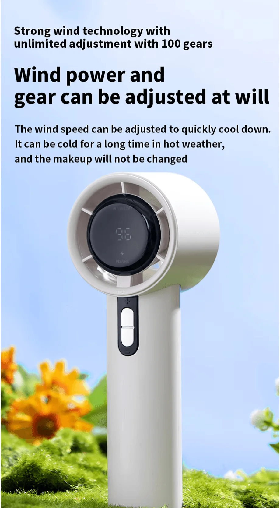 WX638 rechargeable handheld fan with LED display and Type-C charging on FlexyBay