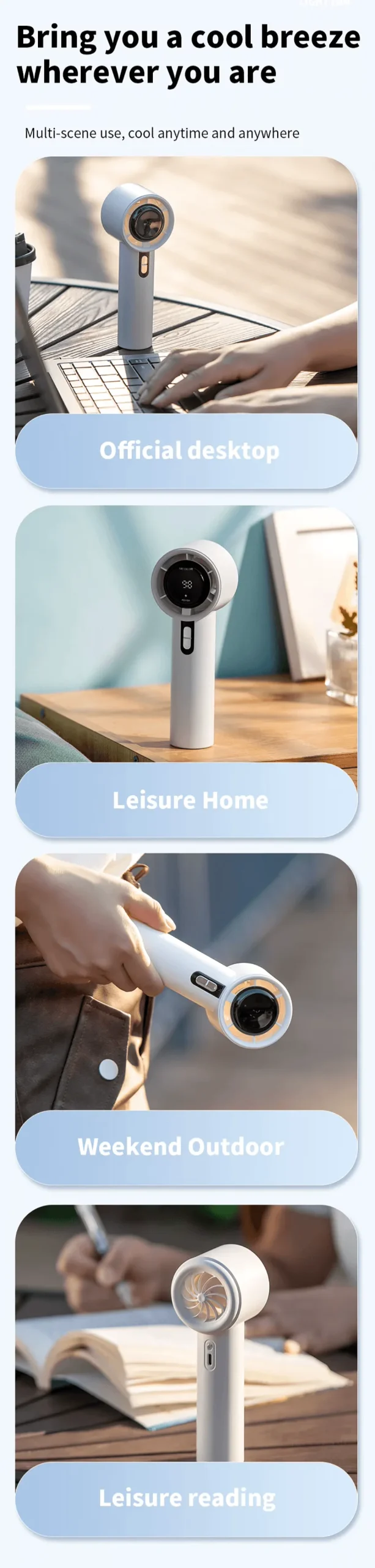 WX638 rechargeable handheld fan with LED display and Type-C charging on FlexyBay
