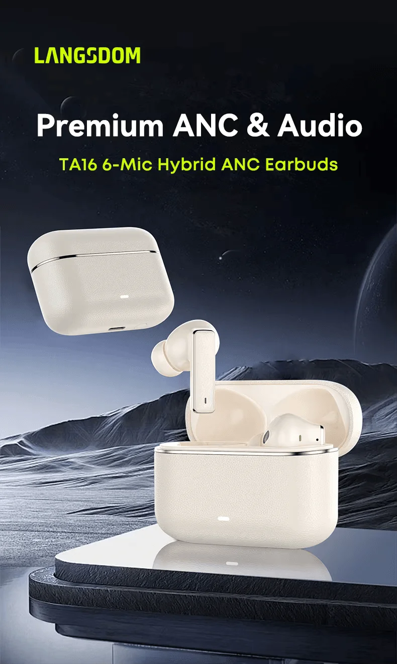 Langsdom TA16 Hybrid ANC TWS wireless earbuds in beige with charging case on FlexyBay